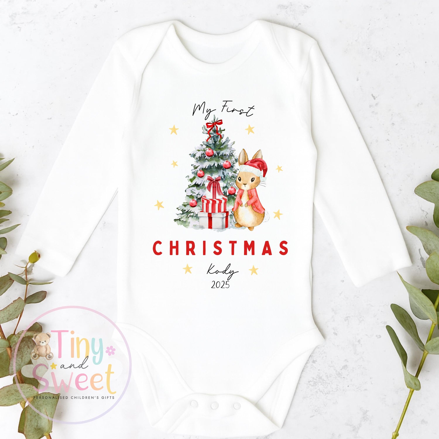 Personalised Babies First Christmas Bunny Sleepsuit, Babies 1st Xmas Gift Idea, Pyjamas, 1st Xmas Babygrow, Christmas Outfit for baby