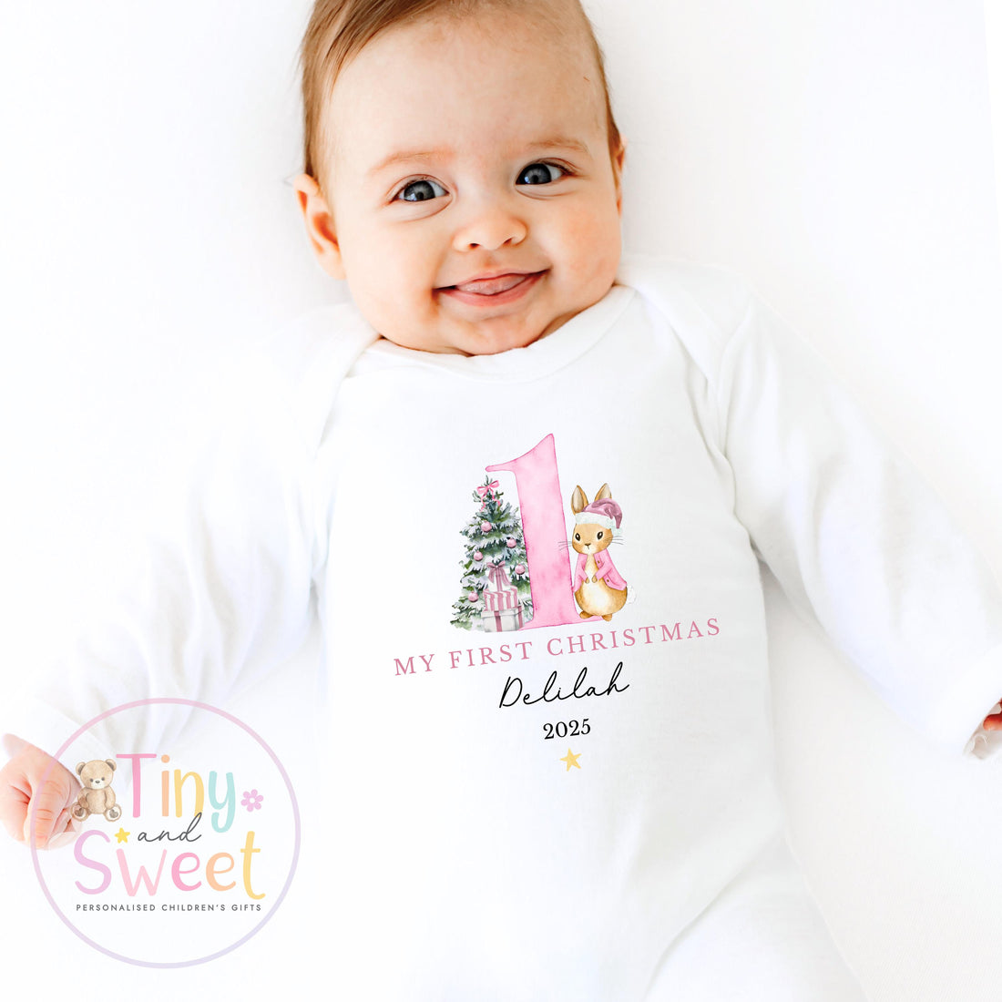 Personalised Babies First Christmas Bunny Sleepsuit, Babies 1st Xmas Gift Idea, Pyjamas, 1st Xmas Babygrow, Christmas Outfit for baby, Santa