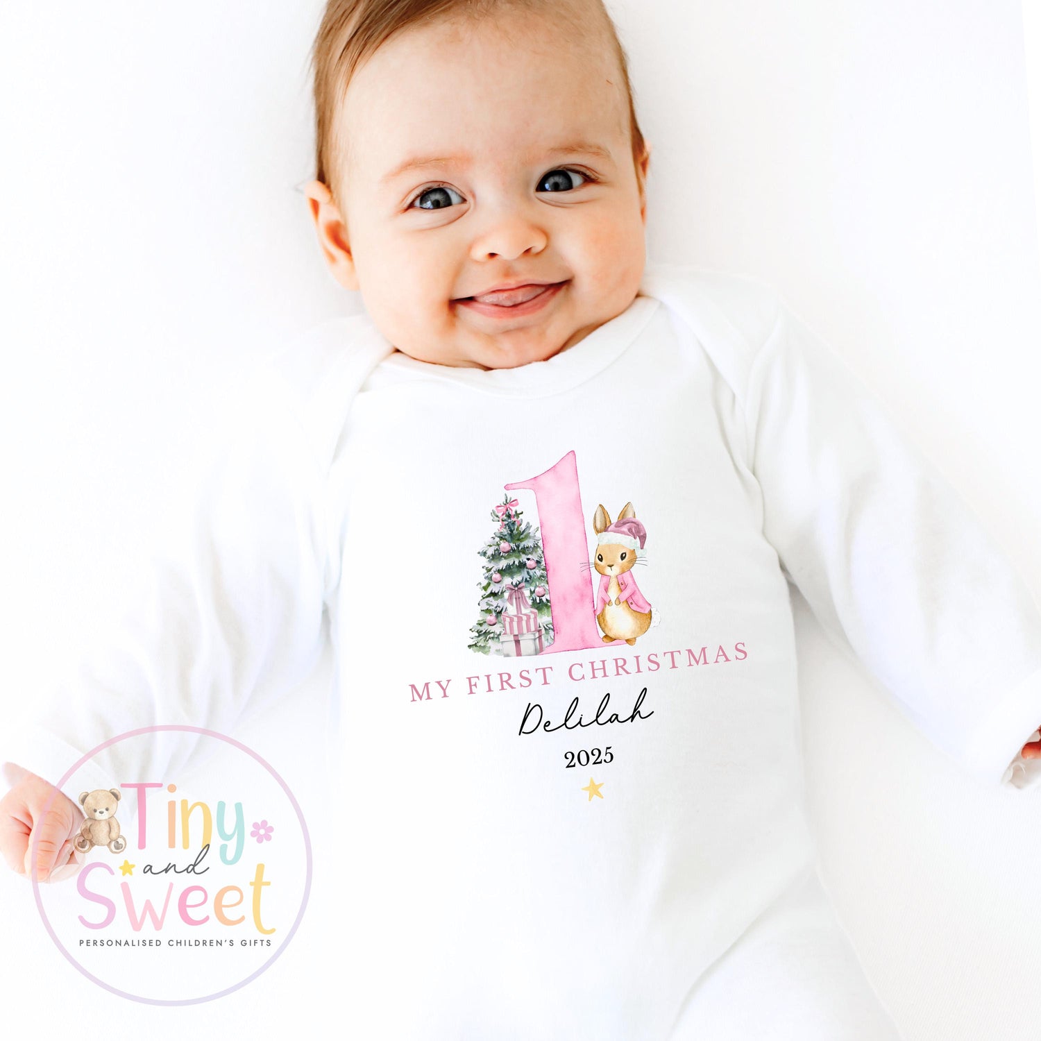 Personalised Babies First Christmas Bunny Sleepsuit, Babies 1st Xmas Gift Idea, Pyjamas, 1st Xmas Babygrow, Christmas Outfit for baby, Santa
