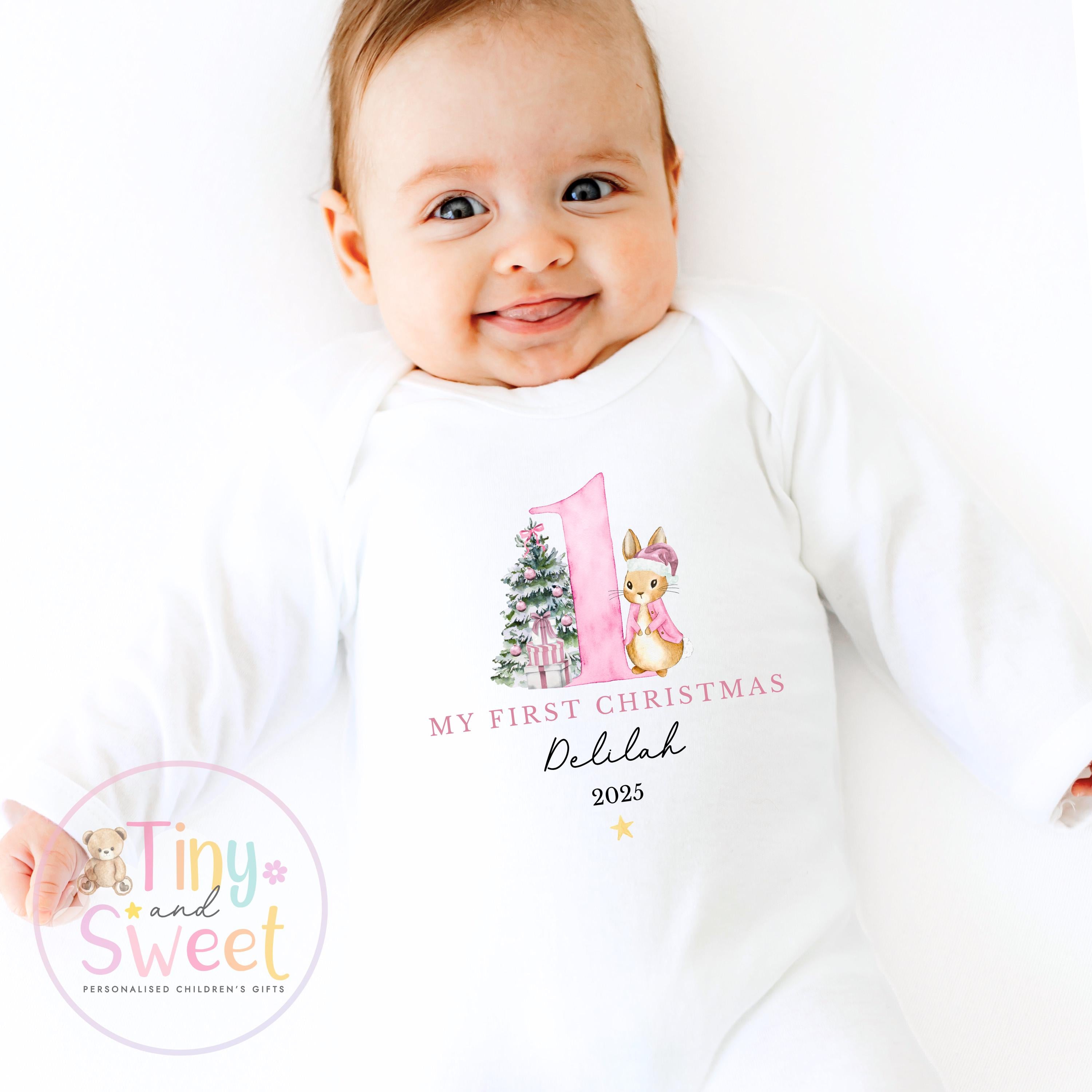 Personalised Babies First Christmas Bunny Sleepsuit, Babies 1st Xmas Gift Idea, Pyjamas, 1st Xmas Babygrow, Christmas Outfit for baby, Santa