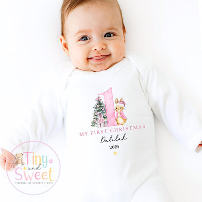 Personalised Babies First Christmas Bunny Sleepsuit, Babies 1st Xmas Gift Idea, Pyjamas, 1st Xmas Babygrow, Christmas Outfit for baby, Santa