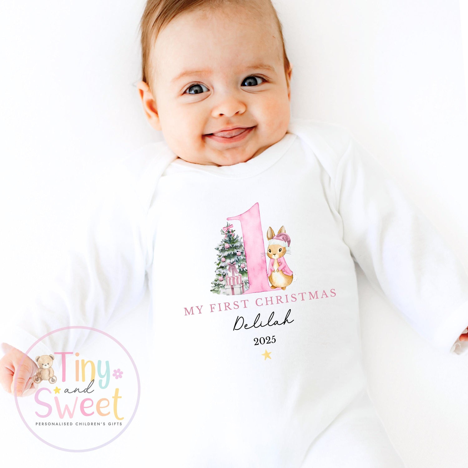 Personalised Babies First Christmas Bunny Sleepsuit, Babies 1st Xmas Gift Idea, Pyjamas, 1st Xmas Babygrow, Christmas Outfit for baby, Santa