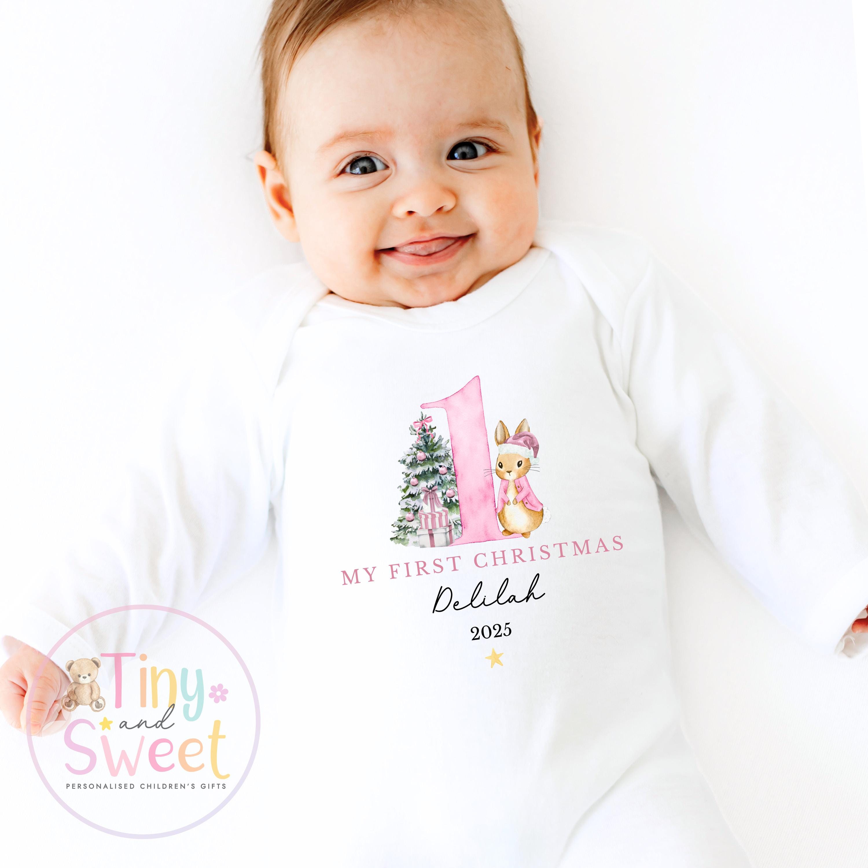 Personalised Babies First Christmas Bunny Sleepsuit, Babies 1st Xmas Gift Idea, Pyjamas, 1st Xmas Babygrow, Christmas Outfit for baby, Santa