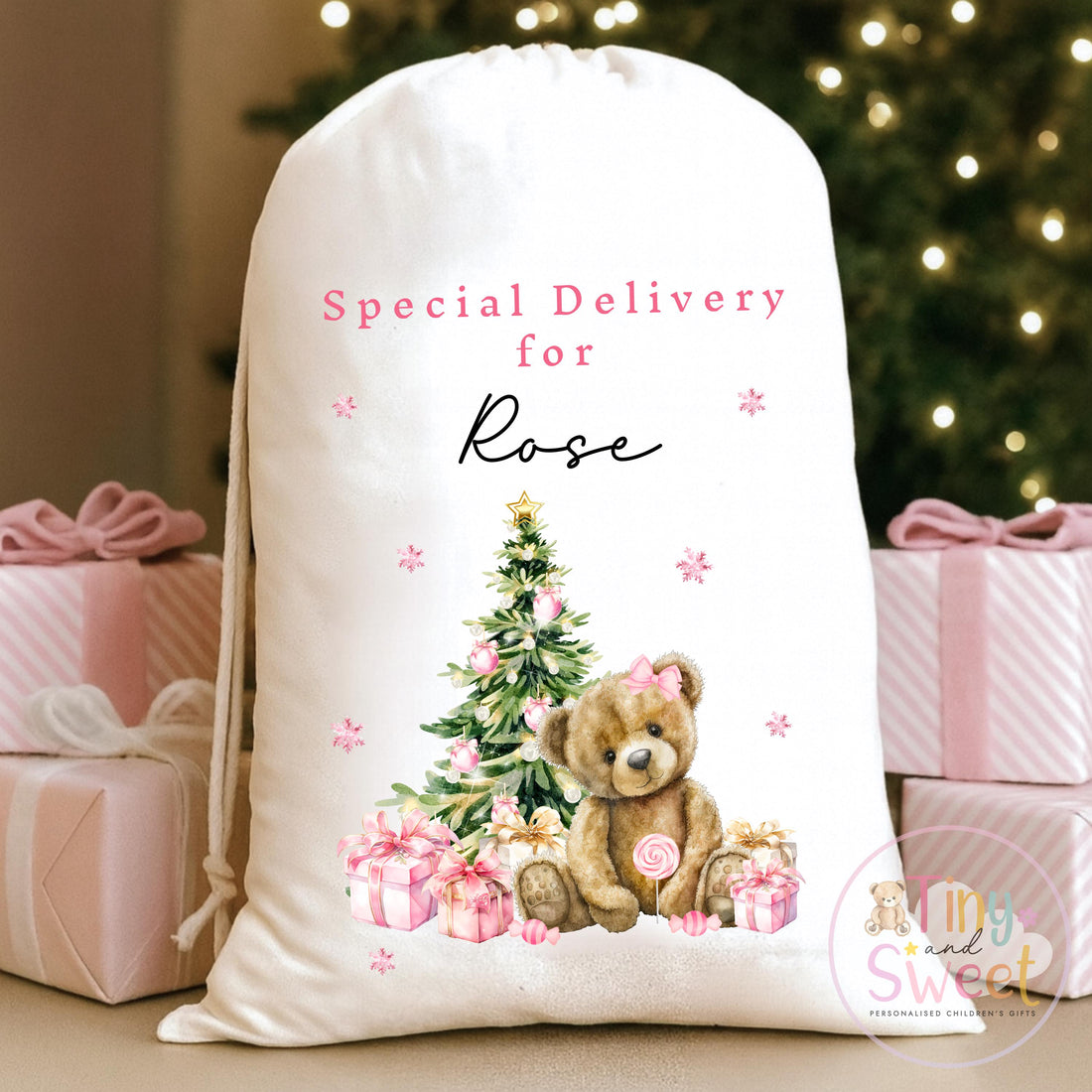 Pink Classic Teddy Personalised Christmas Sack