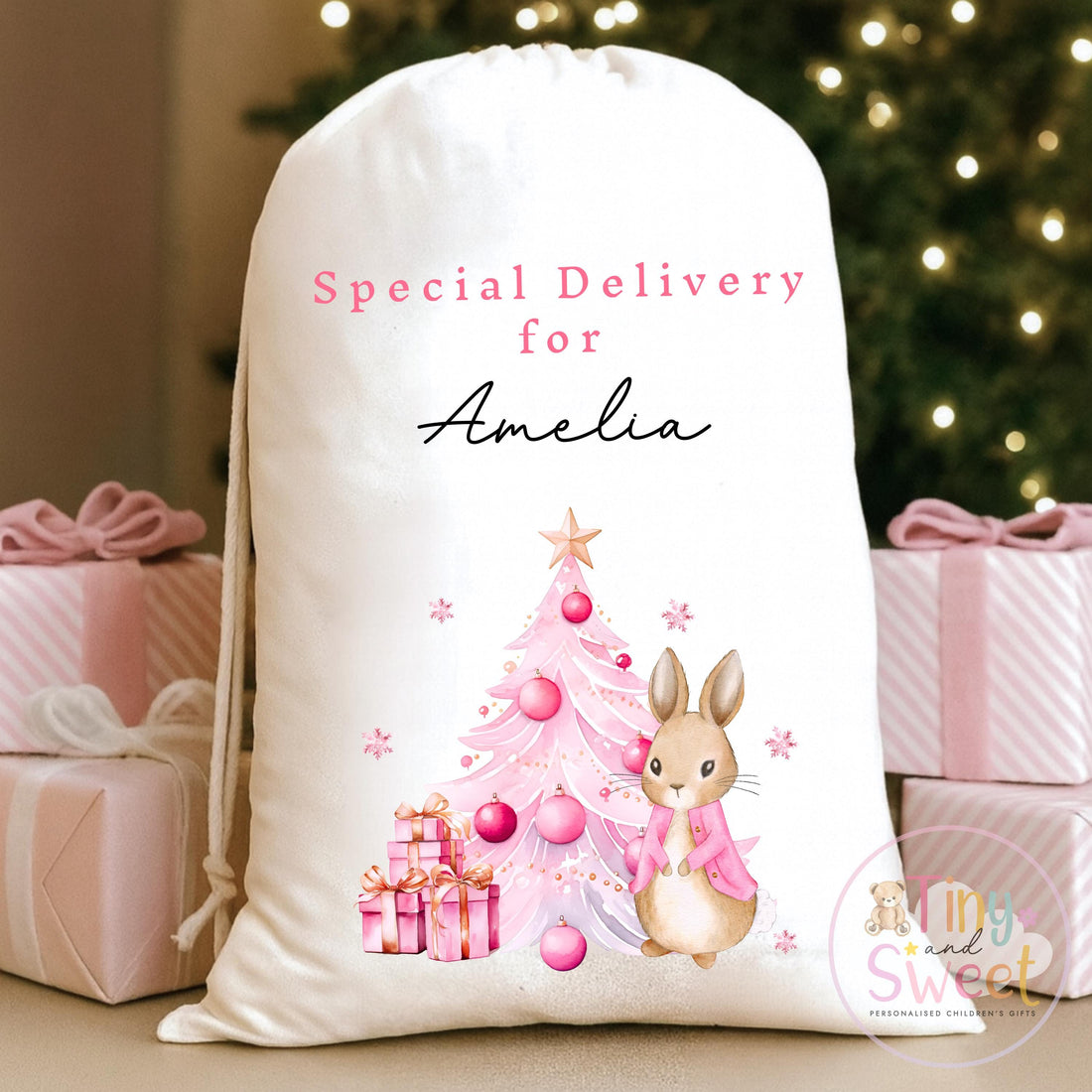 Pink Vest Bunny Personalised Christmas Sack