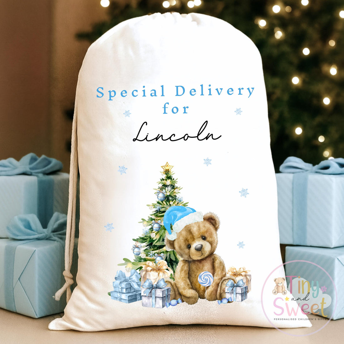 Blue Classic Teddy Personalised Christmas Sack