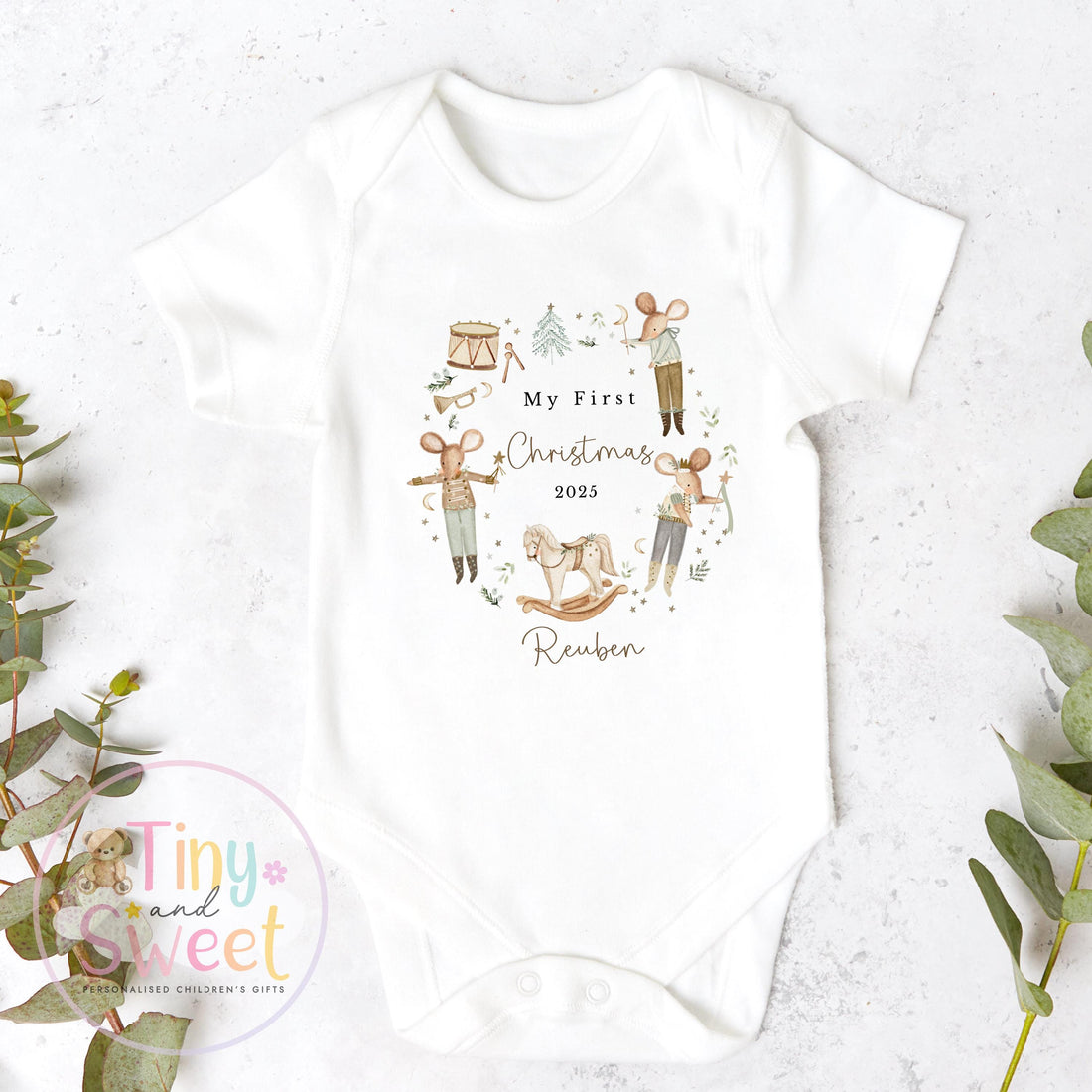 Personalised Boys First Christmas Wreath Sleepsuit, Babies 1st Xmas Gift Idea, Pyjamas, 1st Xmas Babygrow, Christmas Outfit for baby