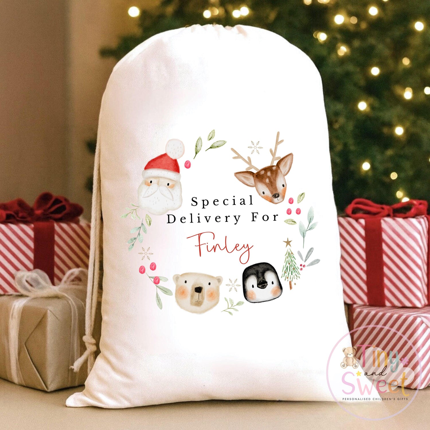 Special Delivery Wreath Personalised Christmas Sack
