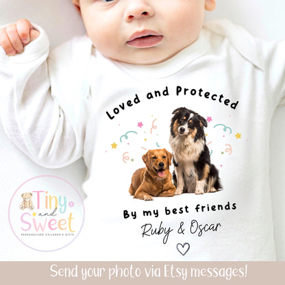 Personalised Protected By, Dog Lover Baby Outfit, Protected by My Fur Sibling Vest/Sleepsuit, Dog Mum to Human Mum, Personalised Gift