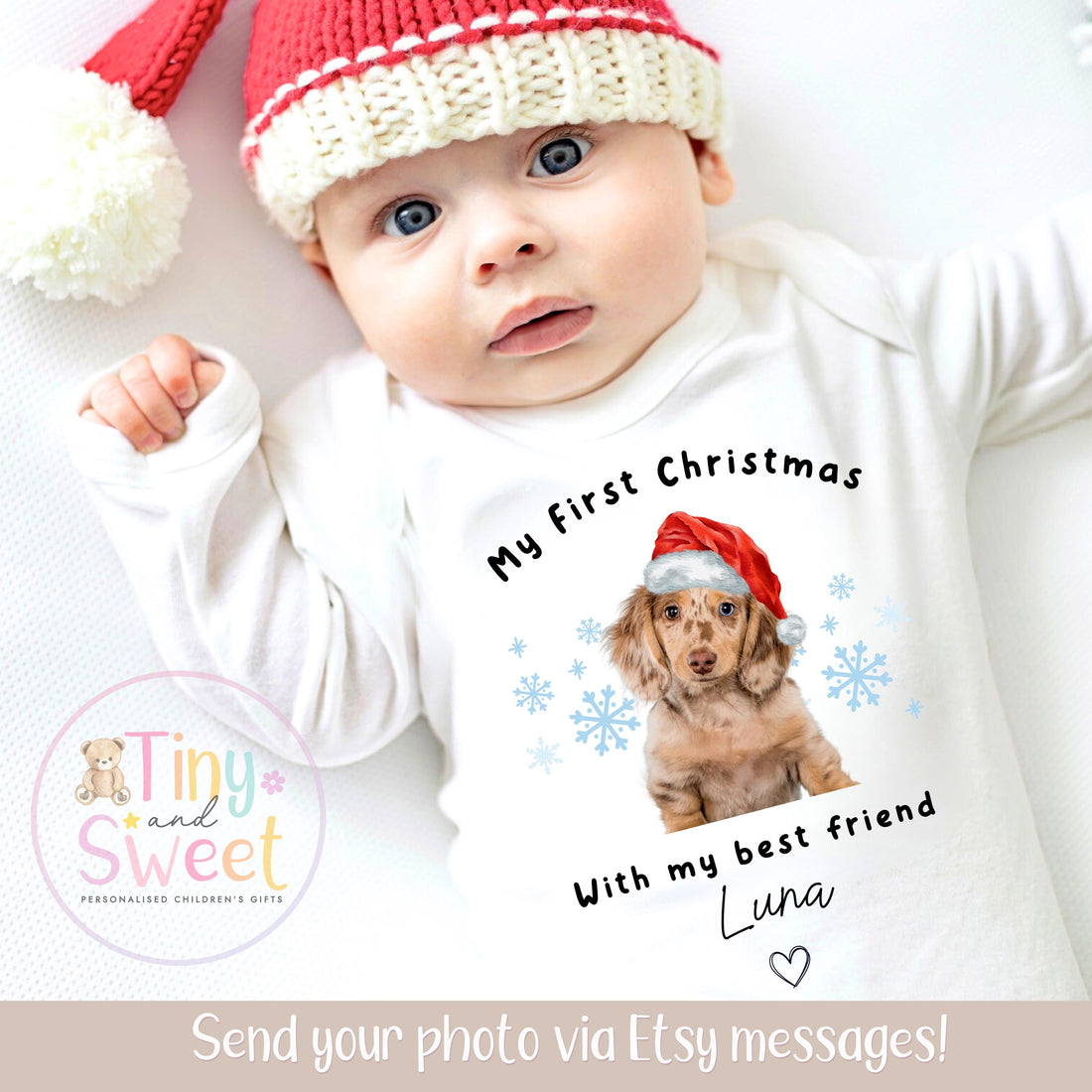 Personalised My First Christmas, Dog Lover Baby Outfit, Protected by My Fur Sibling Vest/Sleepsuit, Dog Mum to Human Mum, Personalised Gift