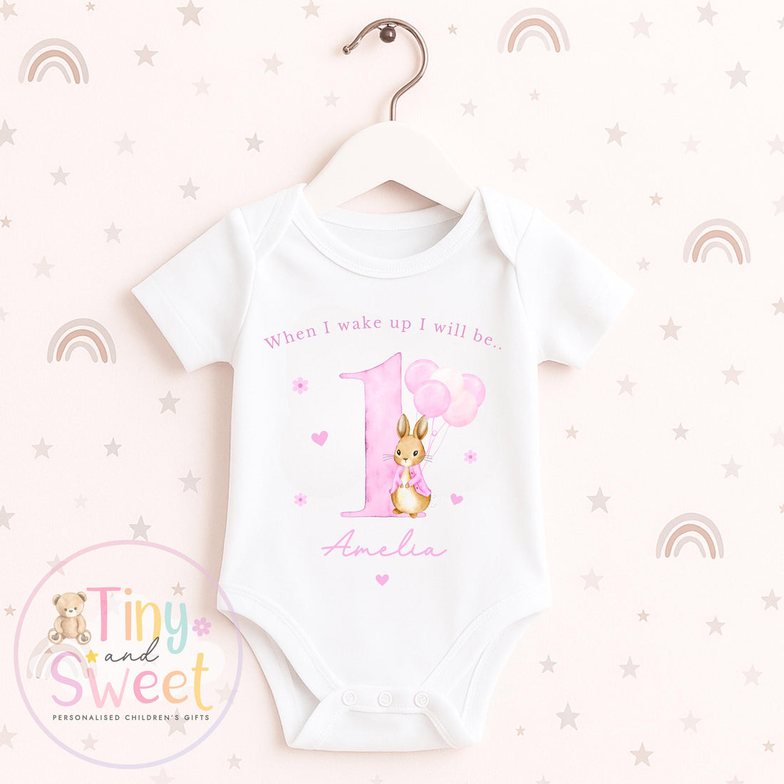 Bunny Birthday Baby Vest – Personalised Name Bodysuit for 1st Birthday, Custom Birthday Bunny Pink First Baby Bodysuit – Baby Vest Gift