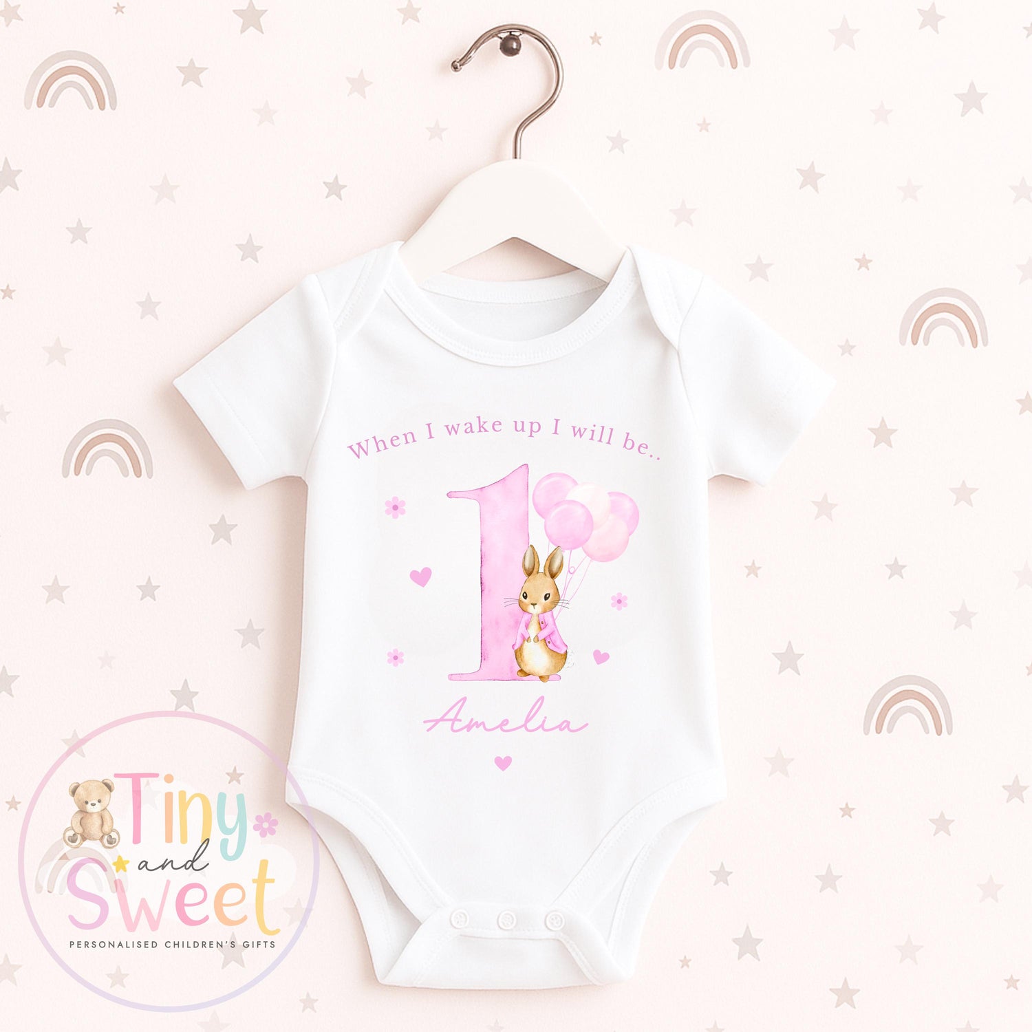 Bunny Birthday Baby Vest – Personalised Name Bodysuit for 1st Birthday, Custom Birthday Bunny Pink First Baby Bodysuit – Baby Vest Gift