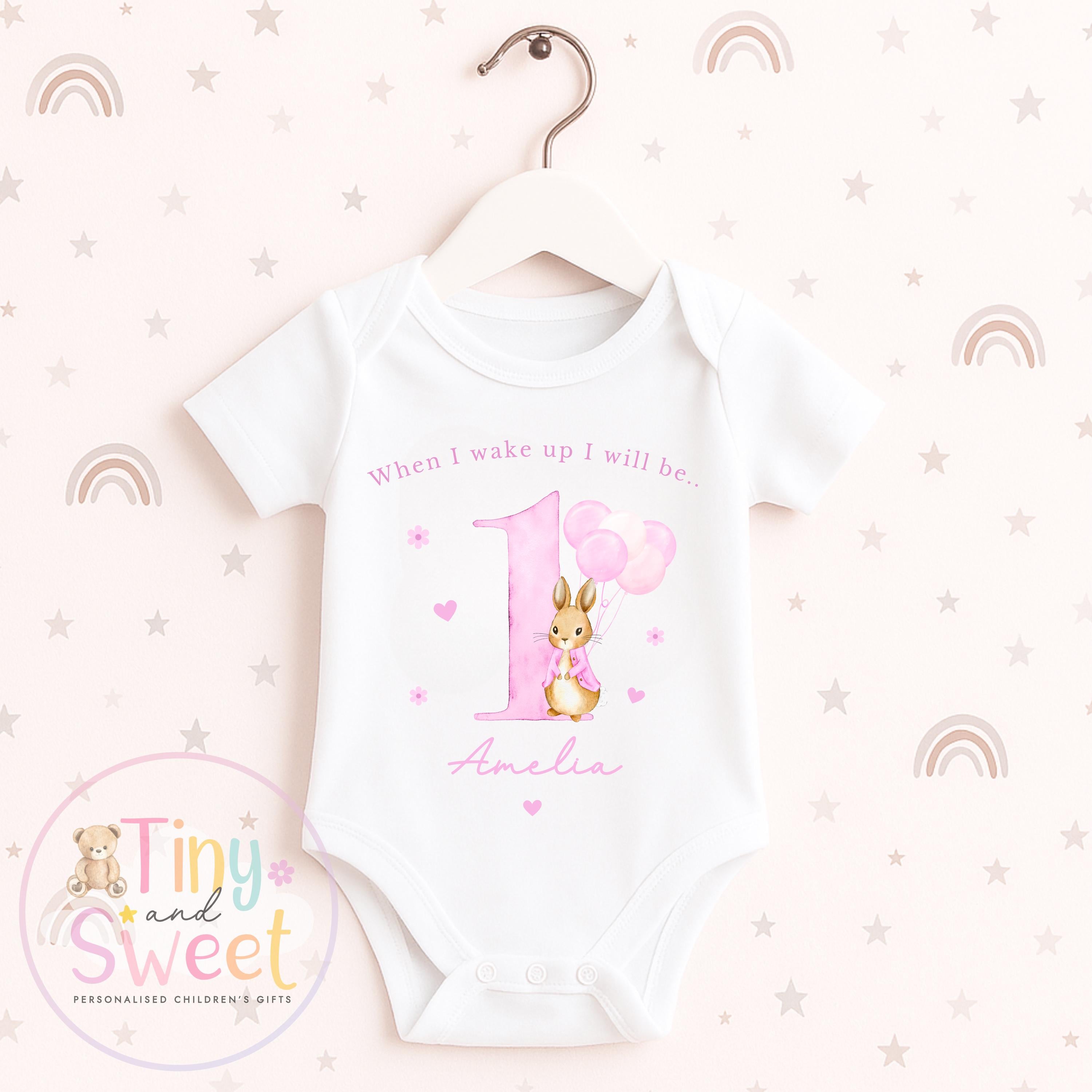 Bunny Birthday Baby Vest – Personalised Name Bodysuit for 1st Birthday, Custom Birthday Bunny Pink First Baby Bodysuit – Baby Vest Gift