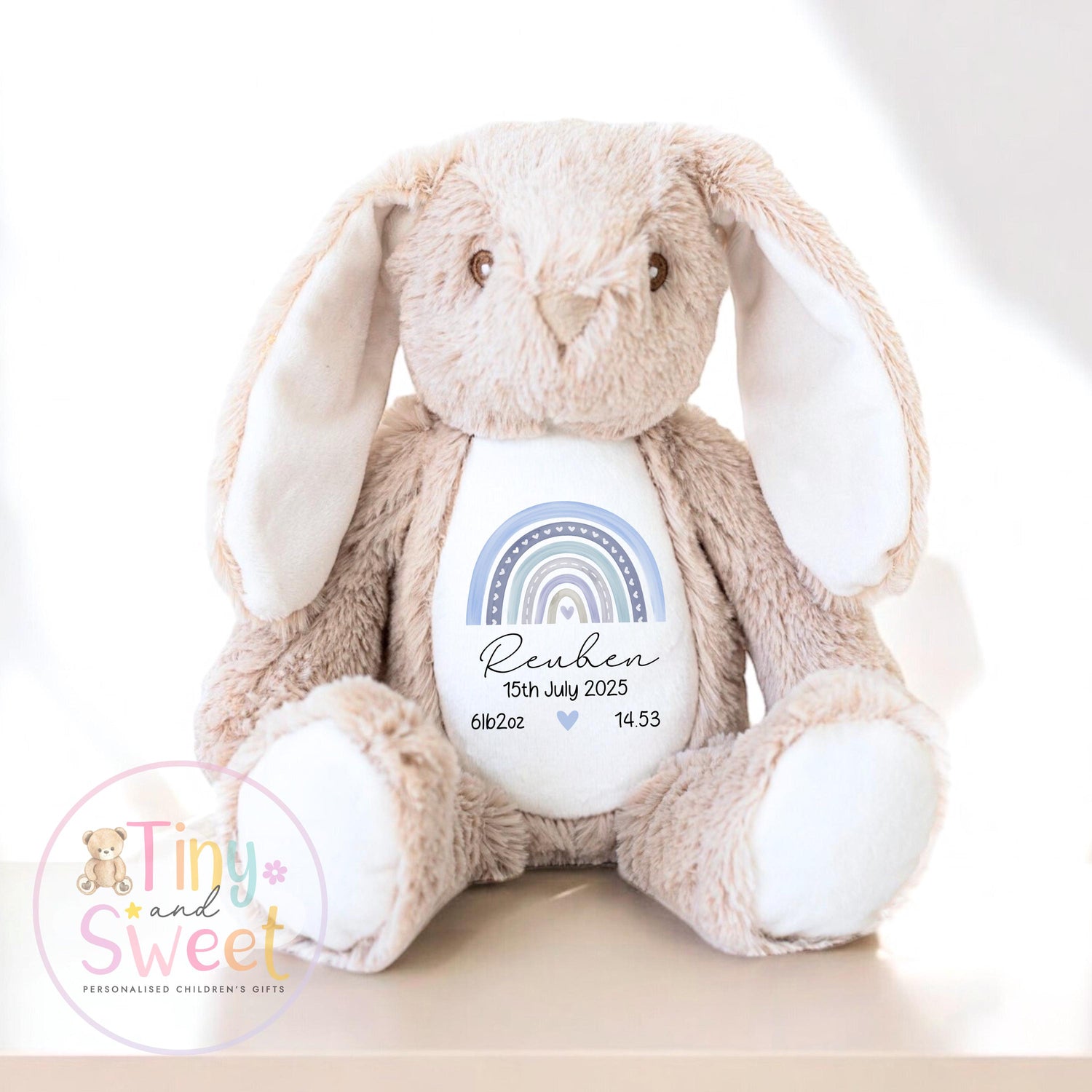 Personalised Birth Stat Bunny, Rainbow New Baby Gift, Newborn Baby Gift, Personalised Rainbow Bunny with Birth Details