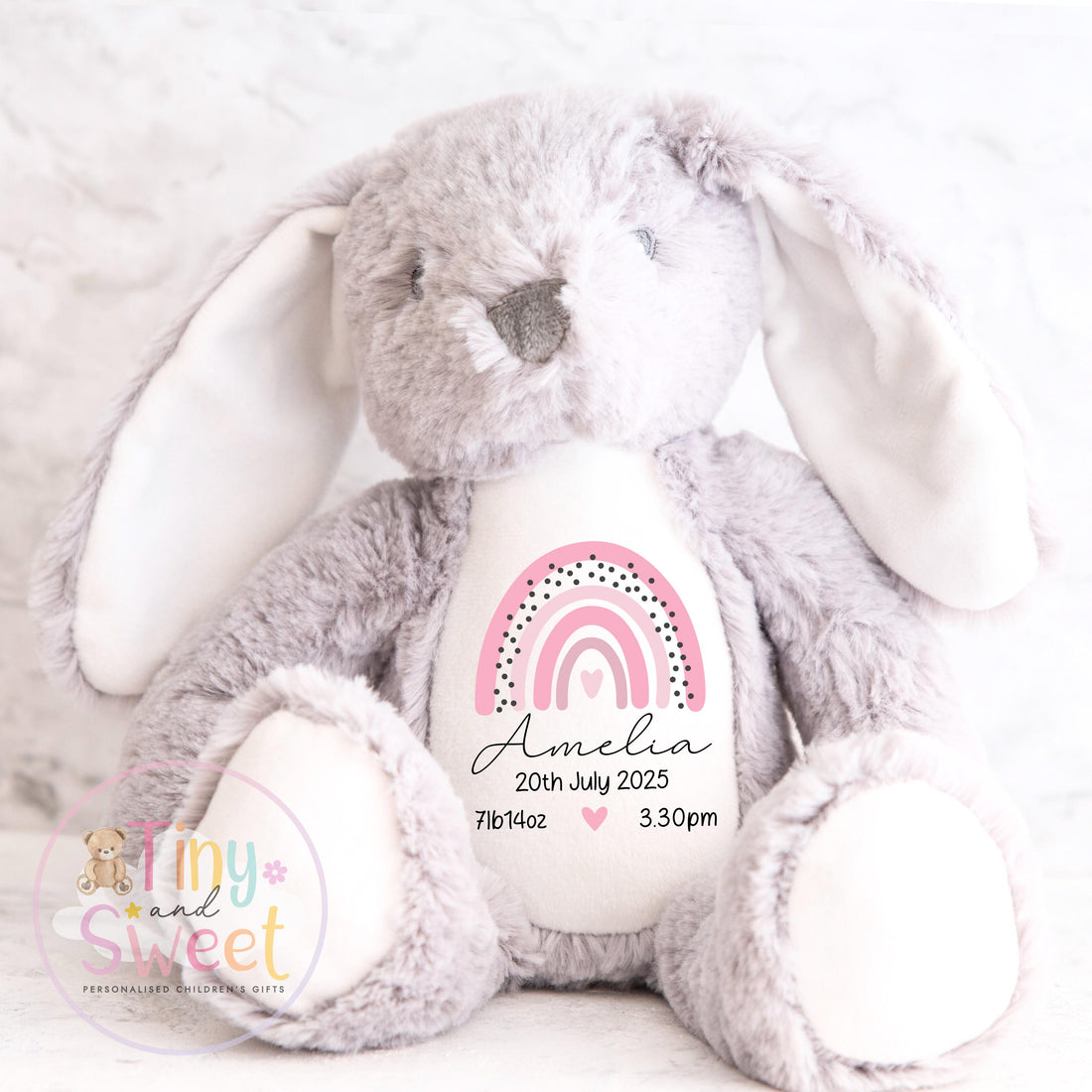 Personalised Birth Stat Bunny, Rainbow New Baby Gift, Newborn Baby Gift, Personalised Rainbow Bunny with Birth Details
