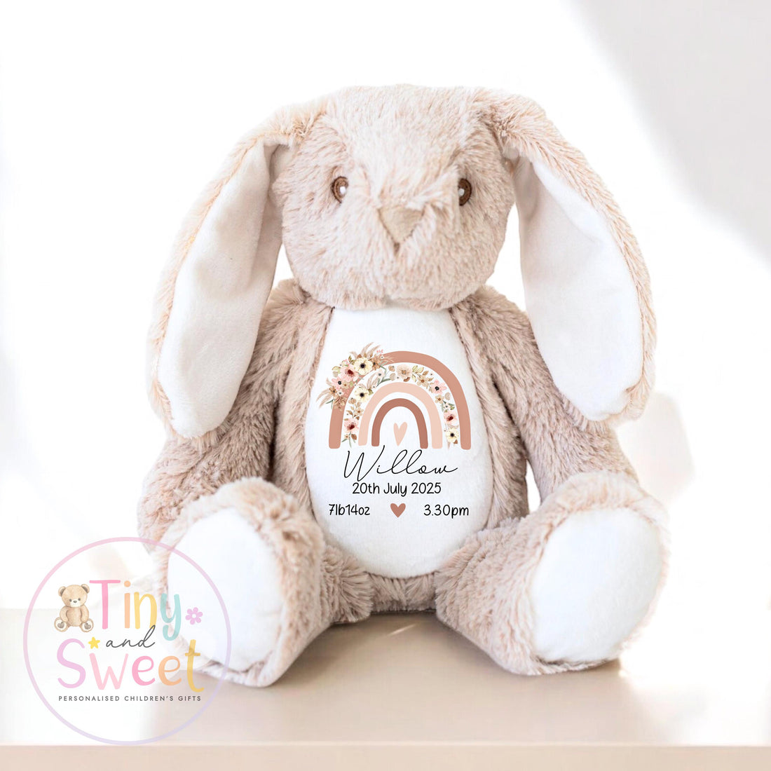 Personalised Birth Stat Bunny, Rainbow New Baby Gift, Newborn Baby Gift, Personalised Rainbow Bunny with Birth Details