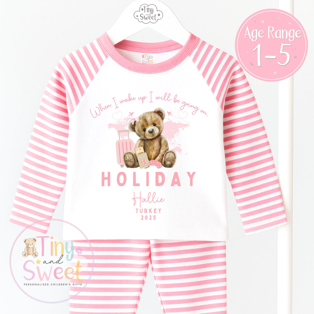 Pink Bear Holiday Short and T-Shirt Personalised Pyjamas
