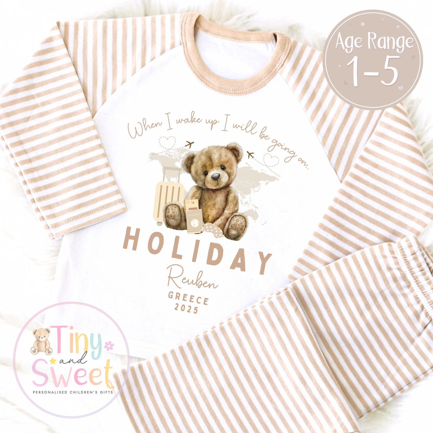Beige Bear Holiday Short and T-Shirt Personalised Pyjamas