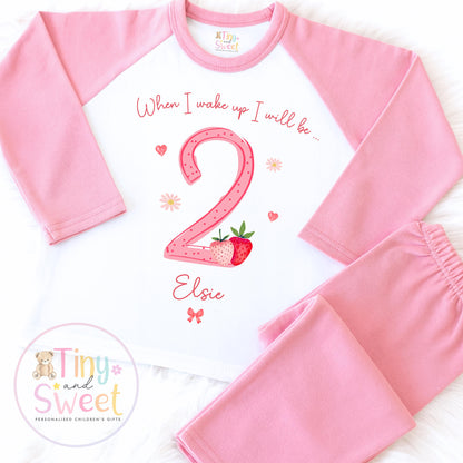 Strawberry Birthday Pyjamas, When I Wake Up I’ll Be, Strawberry PJs – When I Wake Up I’ll Be 1, 2, 3, Personalised Berry Birthday Pyjamas