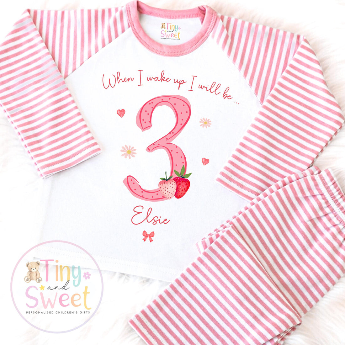 Strawberry Birthday Pyjamas, When I Wake Up I’ll Be, Strawberry PJs – When I Wake Up I’ll Be 1, 2, 3, Personalised Berry Birthday Pyjamas