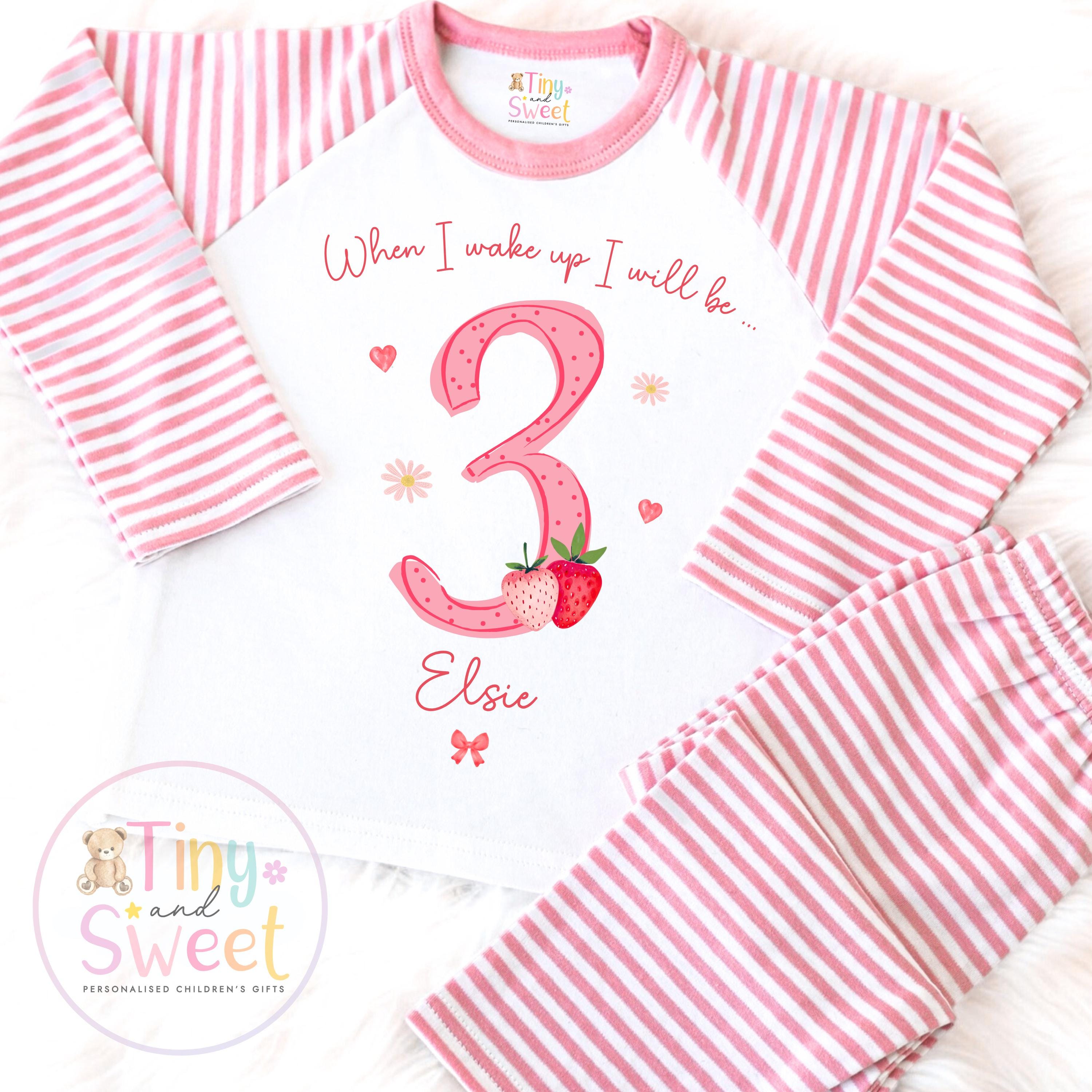 Strawberry Birthday Pyjamas, When I Wake Up I’ll Be, Strawberry PJs – When I Wake Up I’ll Be 1, 2, 3, Personalised Berry Birthday Pyjamas