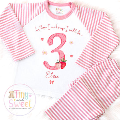 Strawberry Birthday Pyjamas, When I Wake Up I’ll Be, Strawberry PJs – When I Wake Up I’ll Be 1, 2, 3, Personalised Berry Birthday Pyjamas