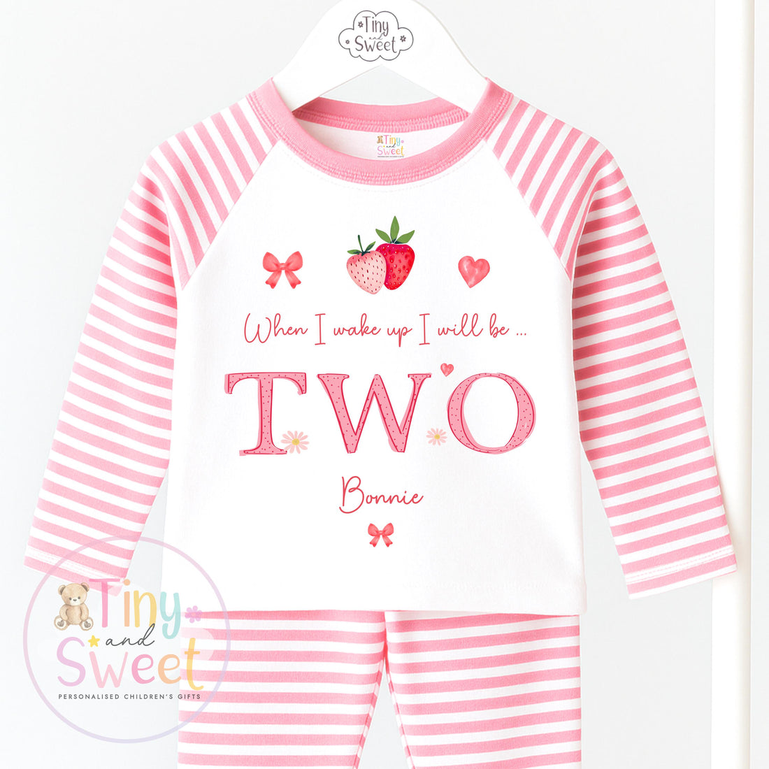 Strawberry Birthday Pyjamas, When I Wake Up I’ll Be, Strawberry PJs – When I Wake Up I’ll Be 1, 2, 3, Personalised Berry Birthday Pyjamas
