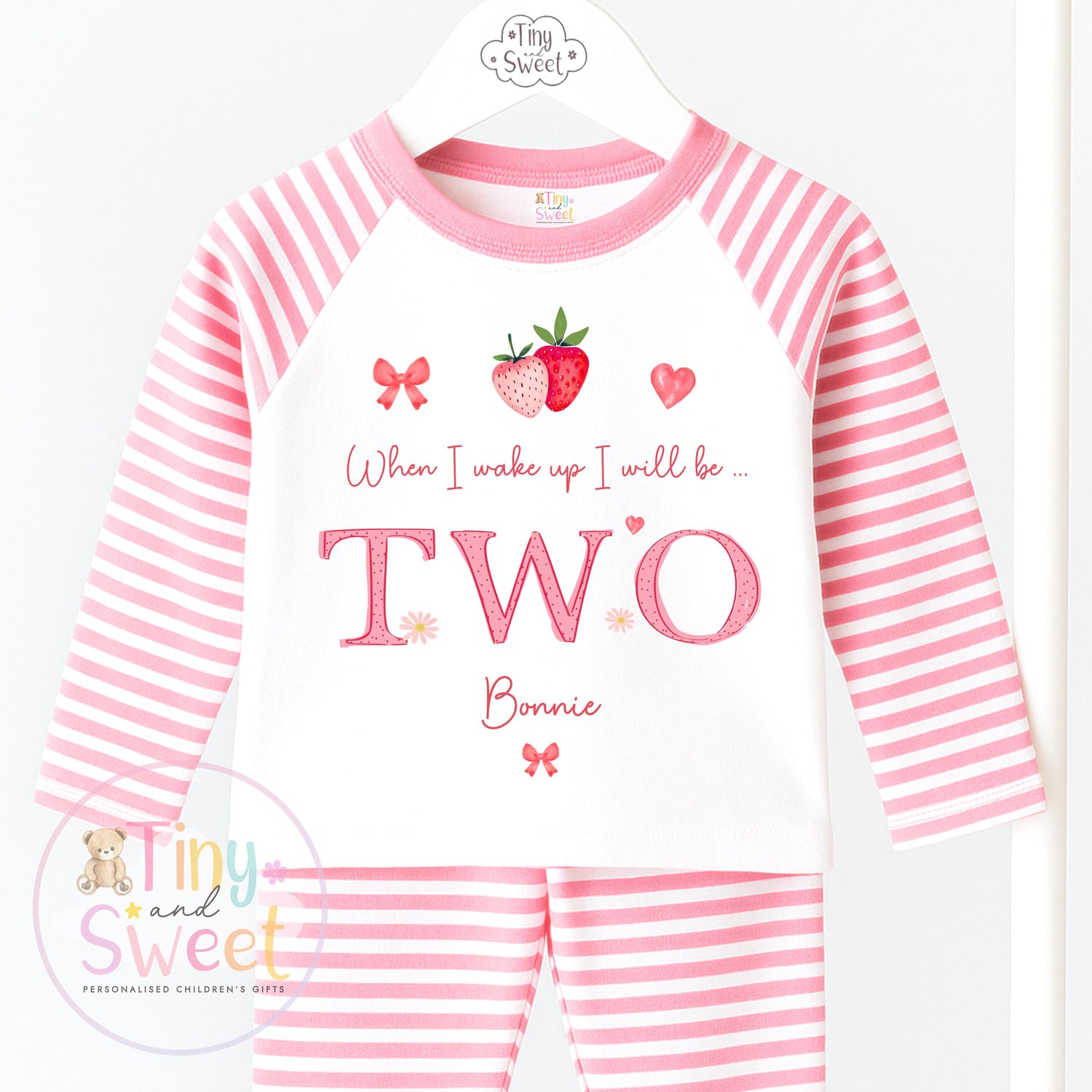 Strawberry Birthday Pyjamas, When I Wake Up I’ll Be, Strawberry PJs – When I Wake Up I’ll Be 1, 2, 3, Personalised Berry Birthday Pyjamas