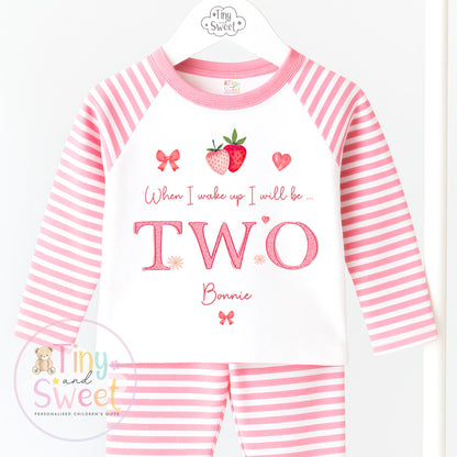 Strawberry Birthday Pyjamas, When I Wake Up I’ll Be, Strawberry PJs – When I Wake Up I’ll Be 1, 2, 3, Personalised Berry Birthday Pyjamas