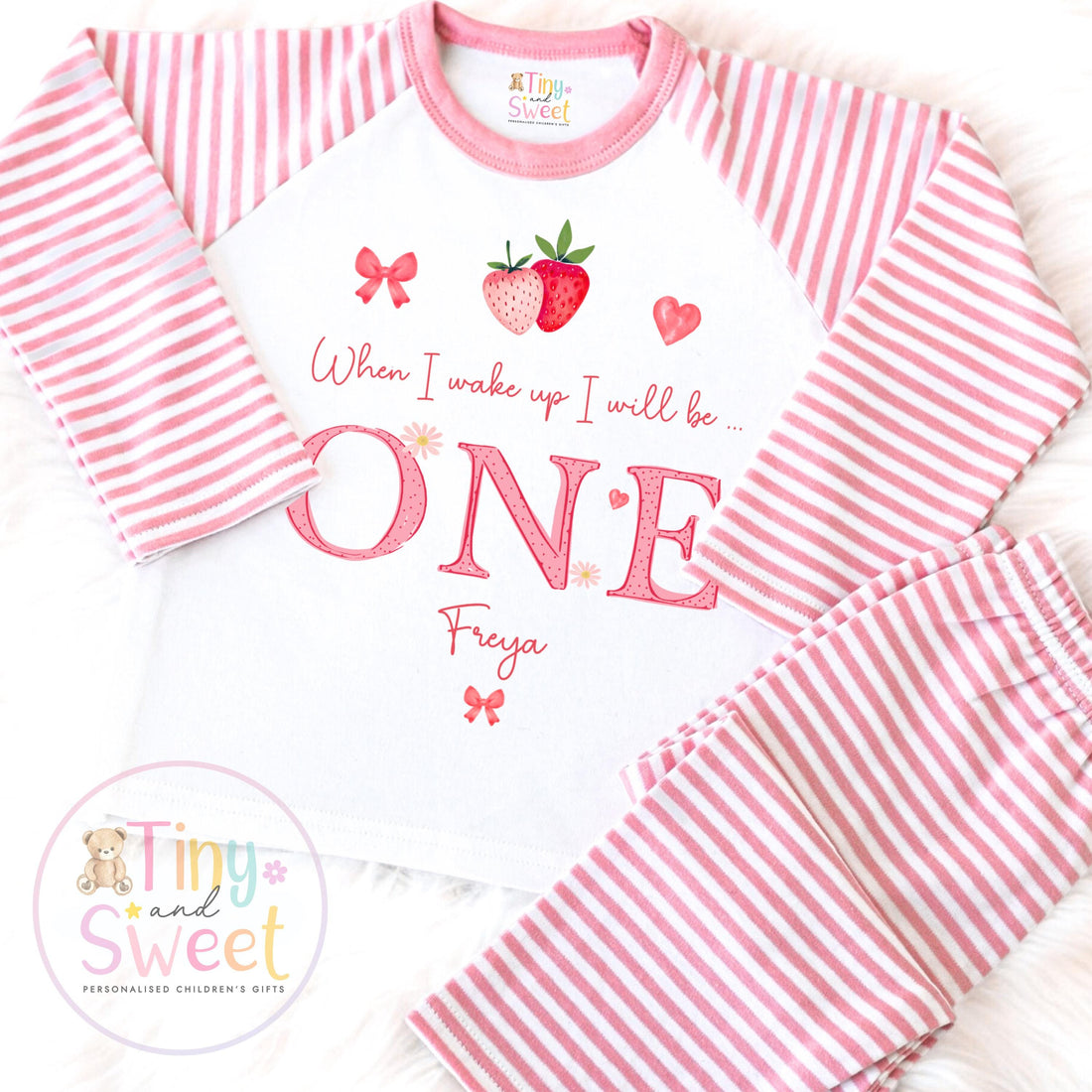 Strawberry Birthday Pyjamas, When I Wake Up I’ll Be, Strawberry PJs – When I Wake Up I’ll Be 1, 2, 3, Personalised Berry Birthday Pyjamas