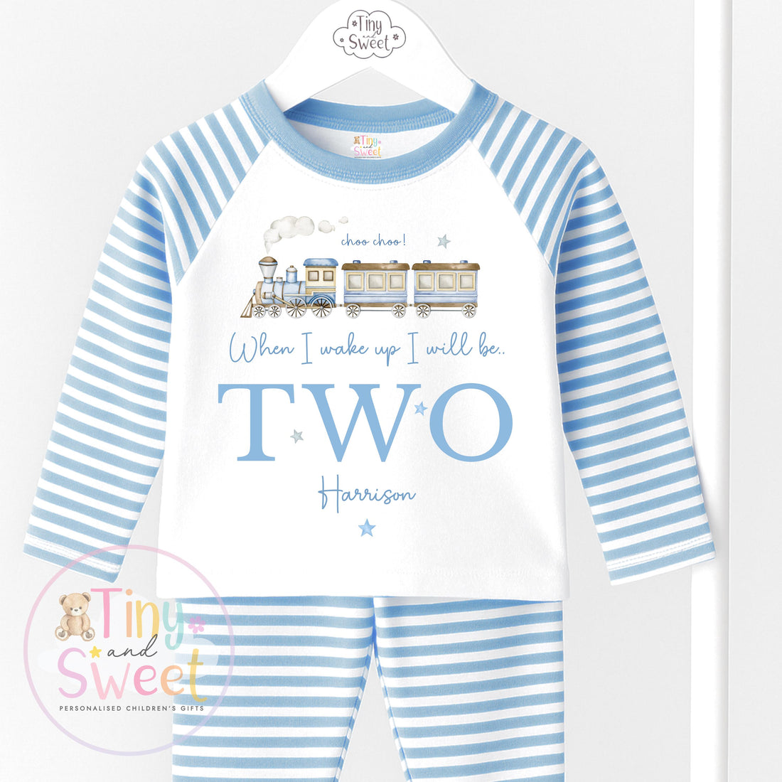 Personalised Train Pyjamas, Blue Birthday Train Pyjamas, When i wake up i&
