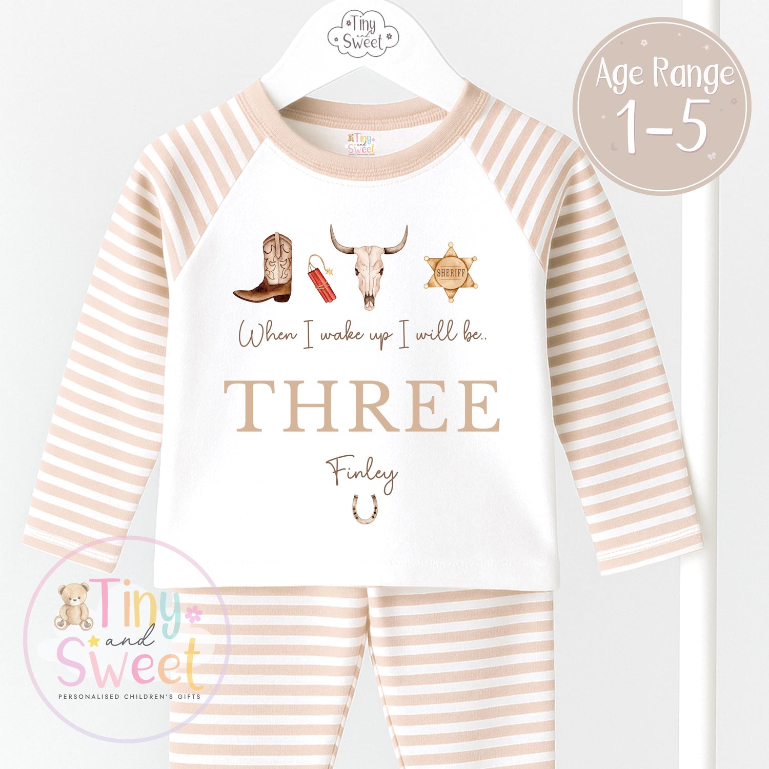 Cowboy Birthday Pyjamas, When I Wake Up I’ll Be, Rodeo Western PJs – When I Wake Up I’ll Be 1, 2, 3, Personalised Cowboy Birthday Pyjamas