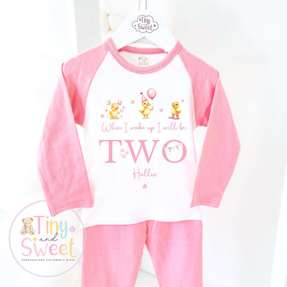 Duck Birthday Pyjamas, When I Wake Up I’ll Be, Pink Duck PJs – When I Wake Up I’ll Be 1, 2, 3, Personalised Pink Duck Birthday Pyjamas