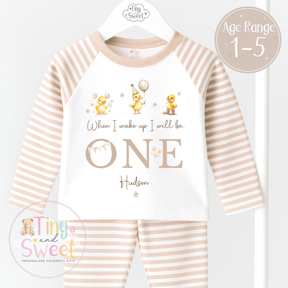 Duck Beige Birthday Pyjamas, When I Wake Up I’ll Be, Duck PJs – When I Wake Up I’ll Be 1, 2, 3, Personalised Duck Birthday Pyjamas
