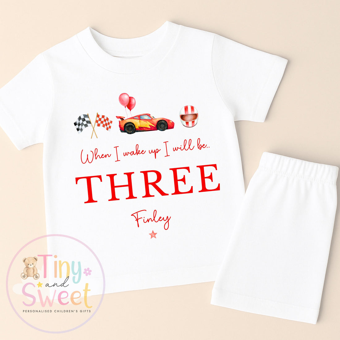 Personalised Red Lightning Racing Car Pyjamas, Blue Birthday Racing Pyjamas, When i wake up i&