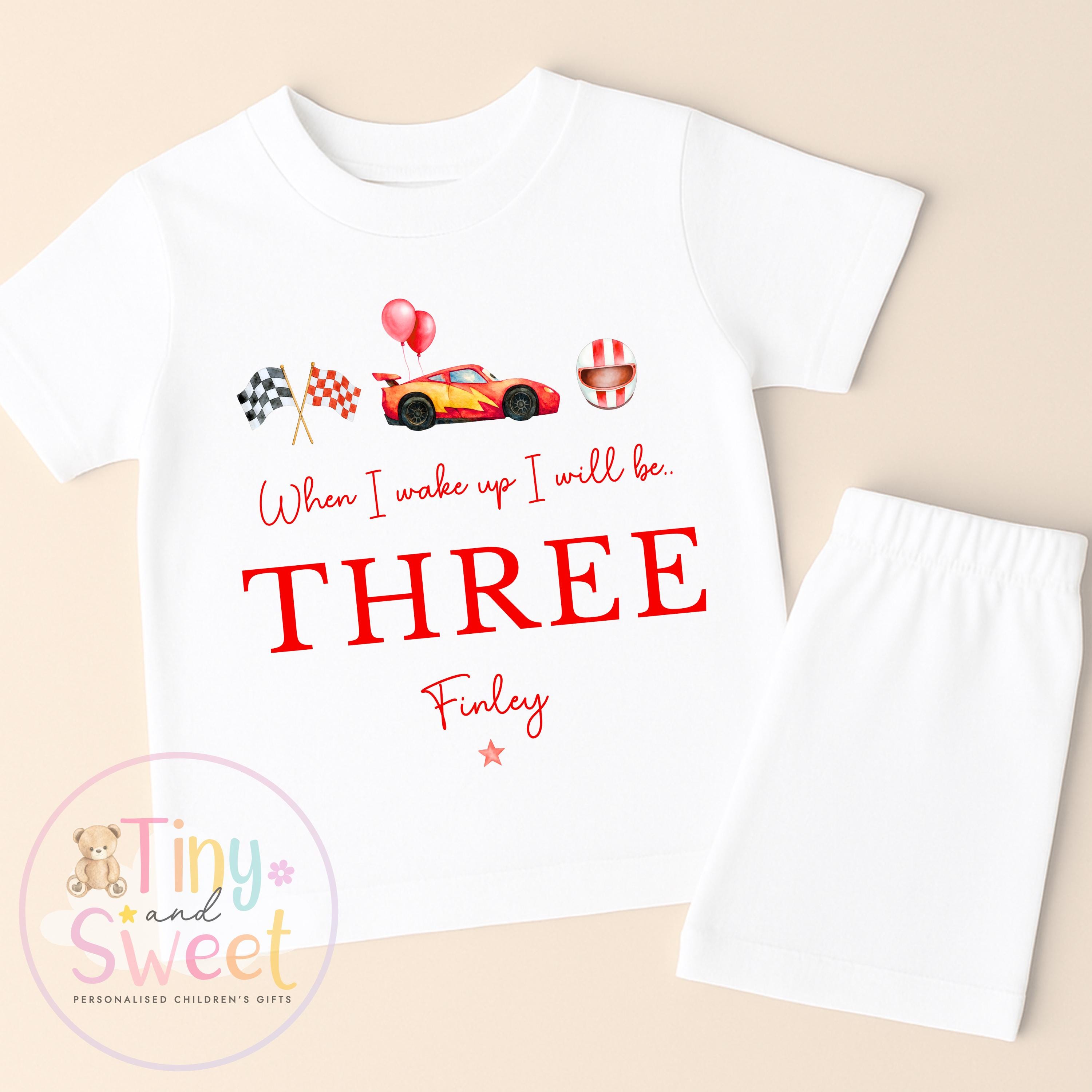 Personalised Red Lightning Racing Car Pyjamas, Blue Birthday Racing Pyjamas, When i wake up i&
