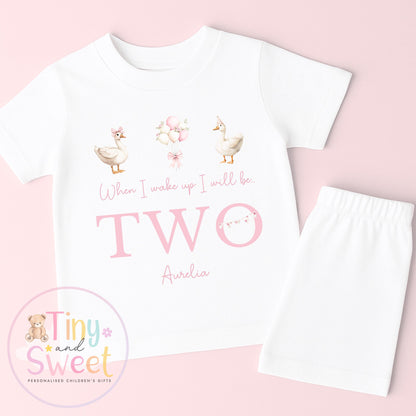 Goose Birthday Pyjamas, When I Wake Up I’ll Be, Pink Goose PJs – When I Wake Up I’ll Be 1, 2, 3, Personalised Pink Goose Birthday Pyjamas