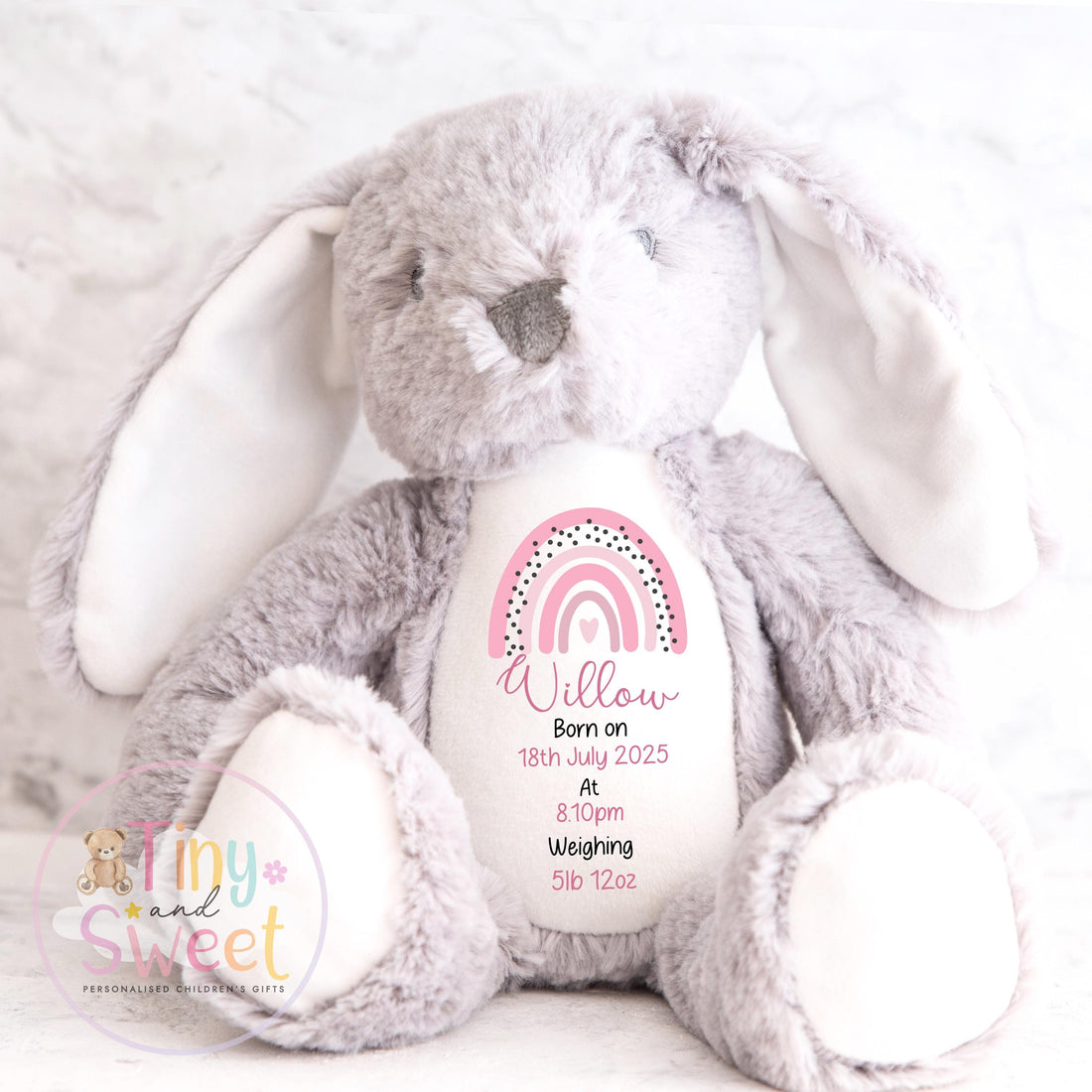 Personalised Birth Stat Bunny, Rainbow New Baby Gift, Newborn Baby Gift, Personalised Rainbow Bunny with Birth Details