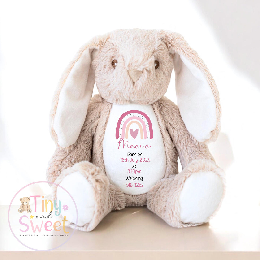 Personalised Birth Stat Bunny, Rainbow New Baby Gift, Newborn Baby Gift, Personalised Rainbow Bunny with Birth Details