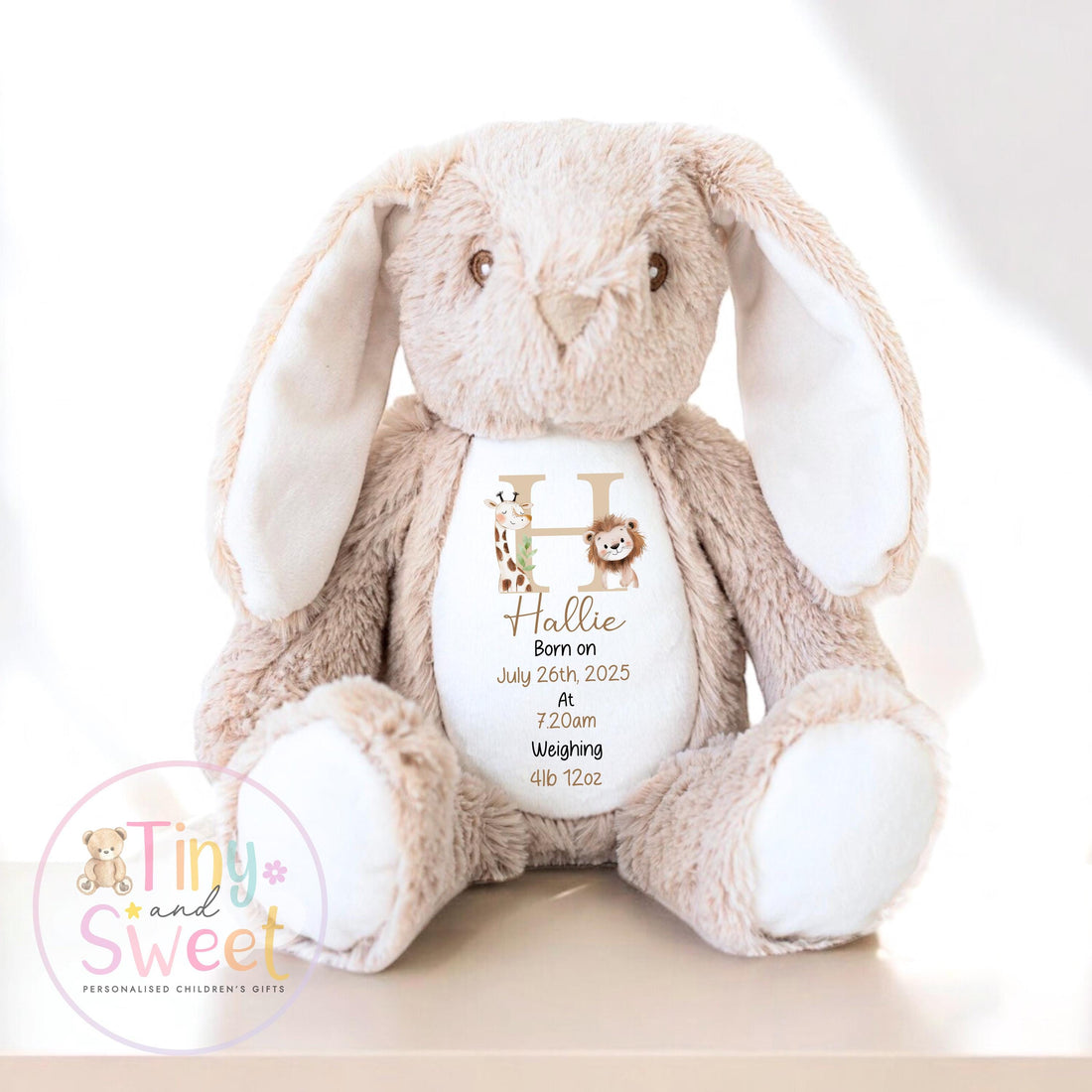 Personalised Birth Stat Safari Bunny, Newborn Baby Gift, Custom Soft Toy for Newborn, Birth Stats Soft Toy Keepsake, Personalised New Baby