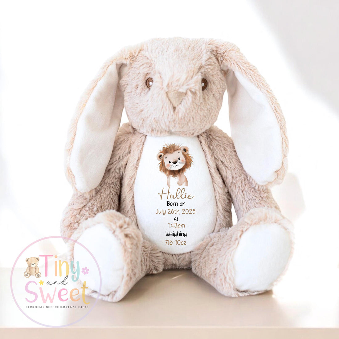 Personalised Birth Stat Safari Bunny, Newborn Baby Gift, Custom Soft Toy for Newborn, Birth Stats Soft Toy Keepsake, Personalised New Baby