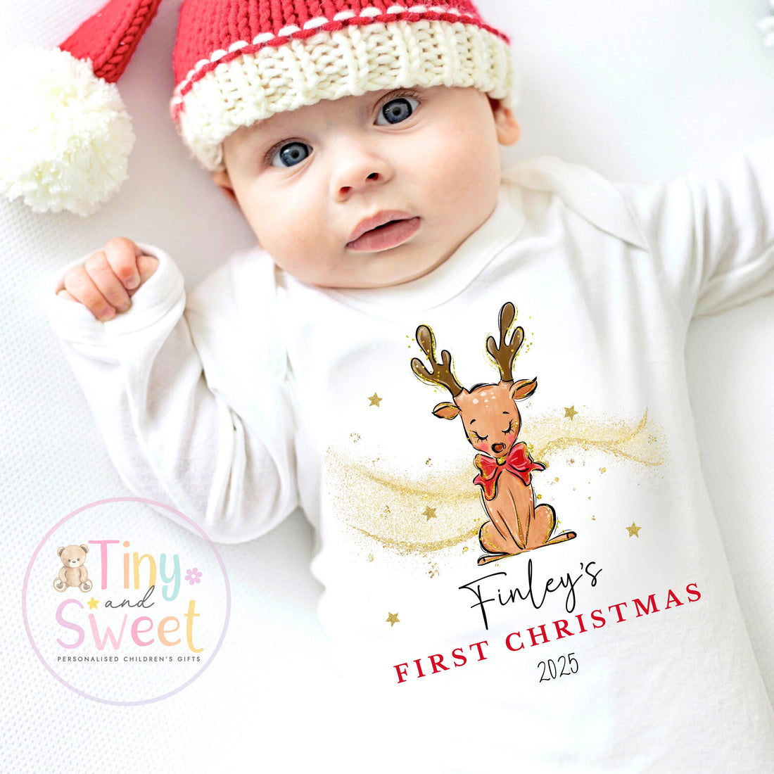 Personalised Reindeer Babies First Christmas Sleepsuit