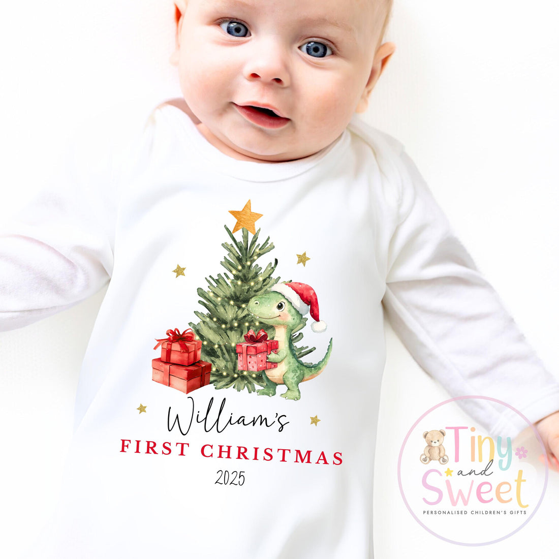 Personalised Babies First Christmas Dinosaur Sleepsuit, Babies 1st Xmas Gift Idea, Pyjamas, 1st Xmas Babygrow, Christmas Outfit for baby