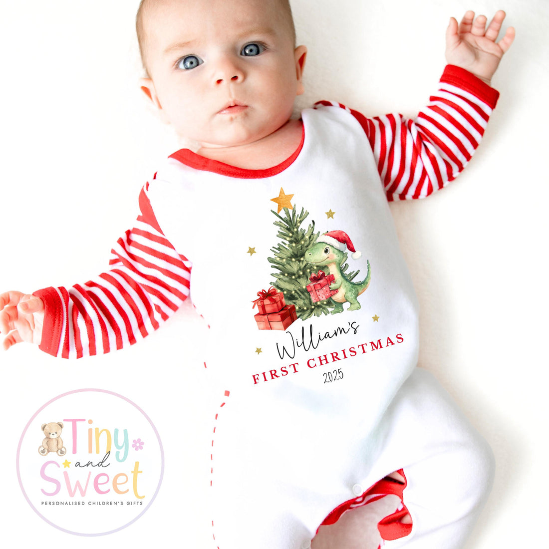 Personalised Babies First Christmas Dinosaur Sleepsuit, Babies 1st Xmas Gift Idea, Pyjamas, 1st Xmas Babygrow, Christmas Outfit for baby