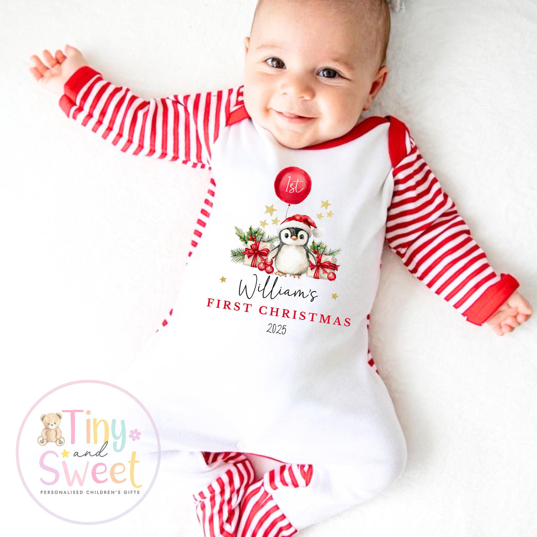 Personalised Babies First Christmas Penguin Sleepsuit, Babies 1st Xmas Gift Idea, Pyjamas, 1st Xmas Babygrow, Christmas Outfit for baby