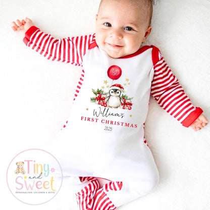 Personalised Babies First Christmas Penguin Sleepsuit, Babies 1st Xmas Gift Idea, Pyjamas, 1st Xmas Babygrow, Christmas Outfit for baby