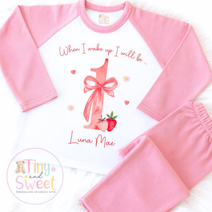 Strawberry Birthday Pyjamas, When I Wake Up I’ll Be, Strawberry PJs – When I Wake Up I’ll Be 1, 2, 3, Personalised Berry Birthday Pyjamas