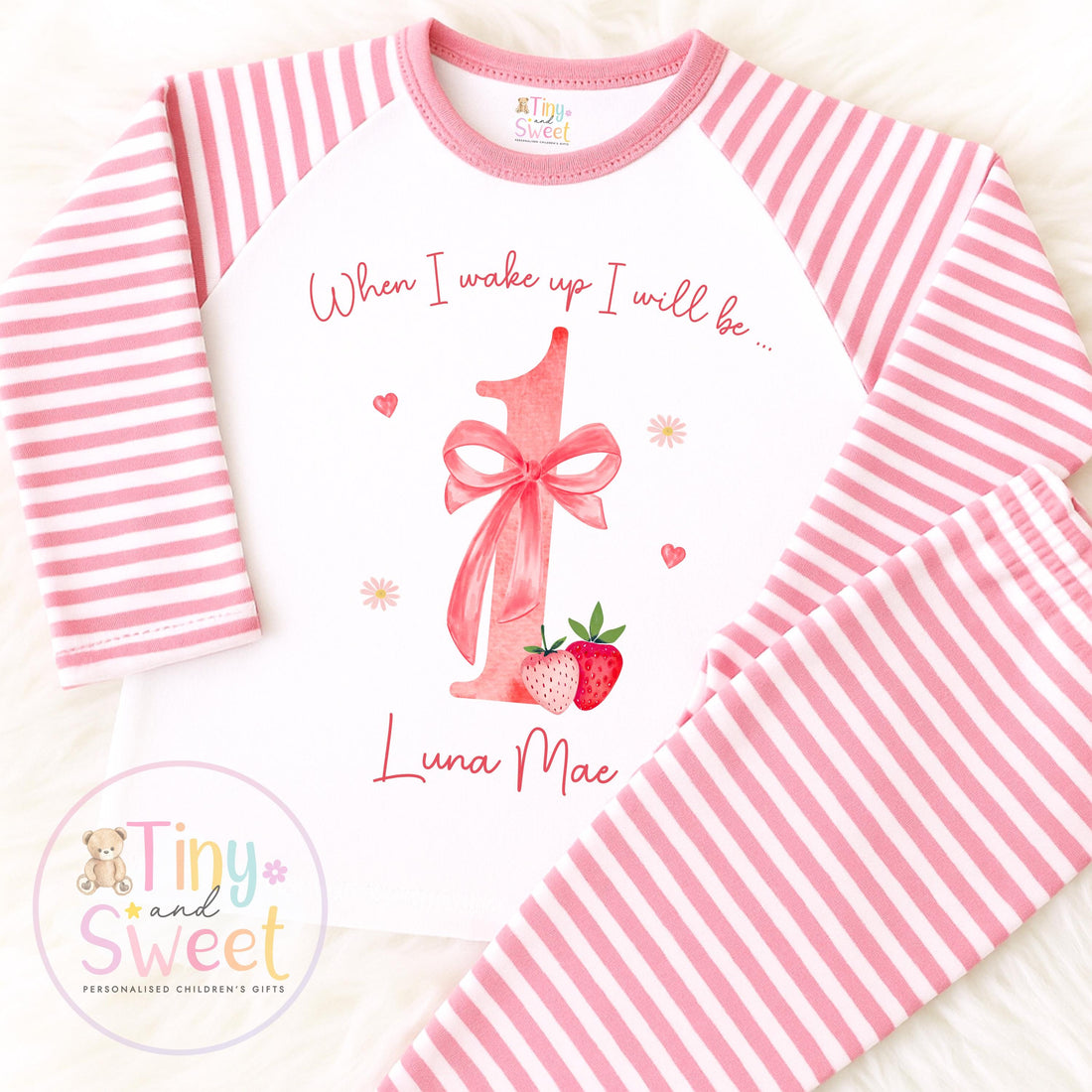 Strawberry Birthday Pyjamas, When I Wake Up I’ll Be, Strawberry PJs – When I Wake Up I’ll Be 1, 2, 3, Personalised Berry Birthday Pyjamas
