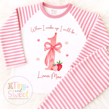 Strawberry Birthday Pyjamas, When I Wake Up I’ll Be, Strawberry PJs – When I Wake Up I’ll Be 1, 2, 3, Personalised Berry Birthday Pyjamas