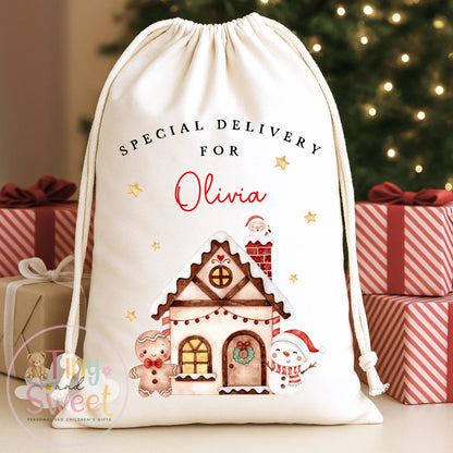 Gingerbread House Personalised Christmas Sack